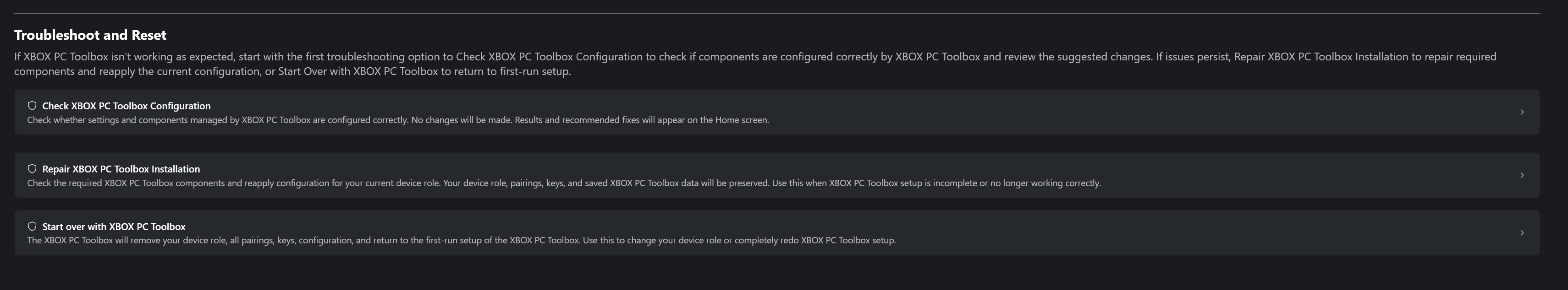 Screenshot of the Troubleshoot and Reset options in XBOX PC Toolbox