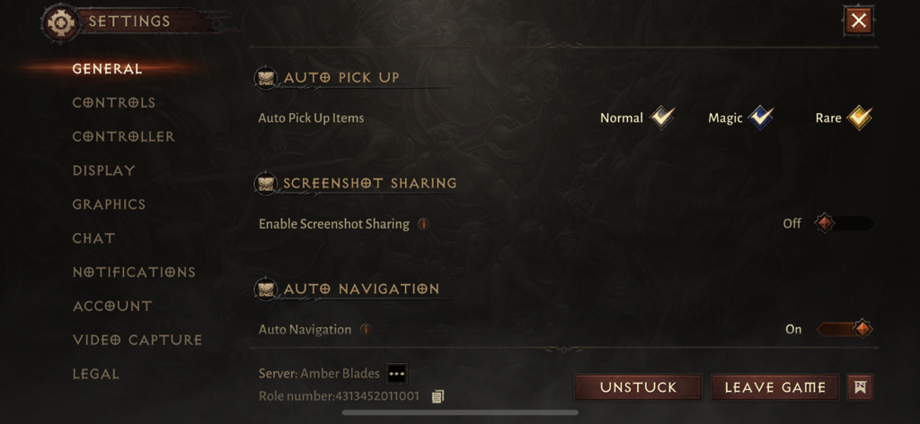 Diablo Immortal screenshot of the Settings’ General page. The subsection shown is Auto pick up which has three multi-selectable options, Normal, Magic, and Rare.
