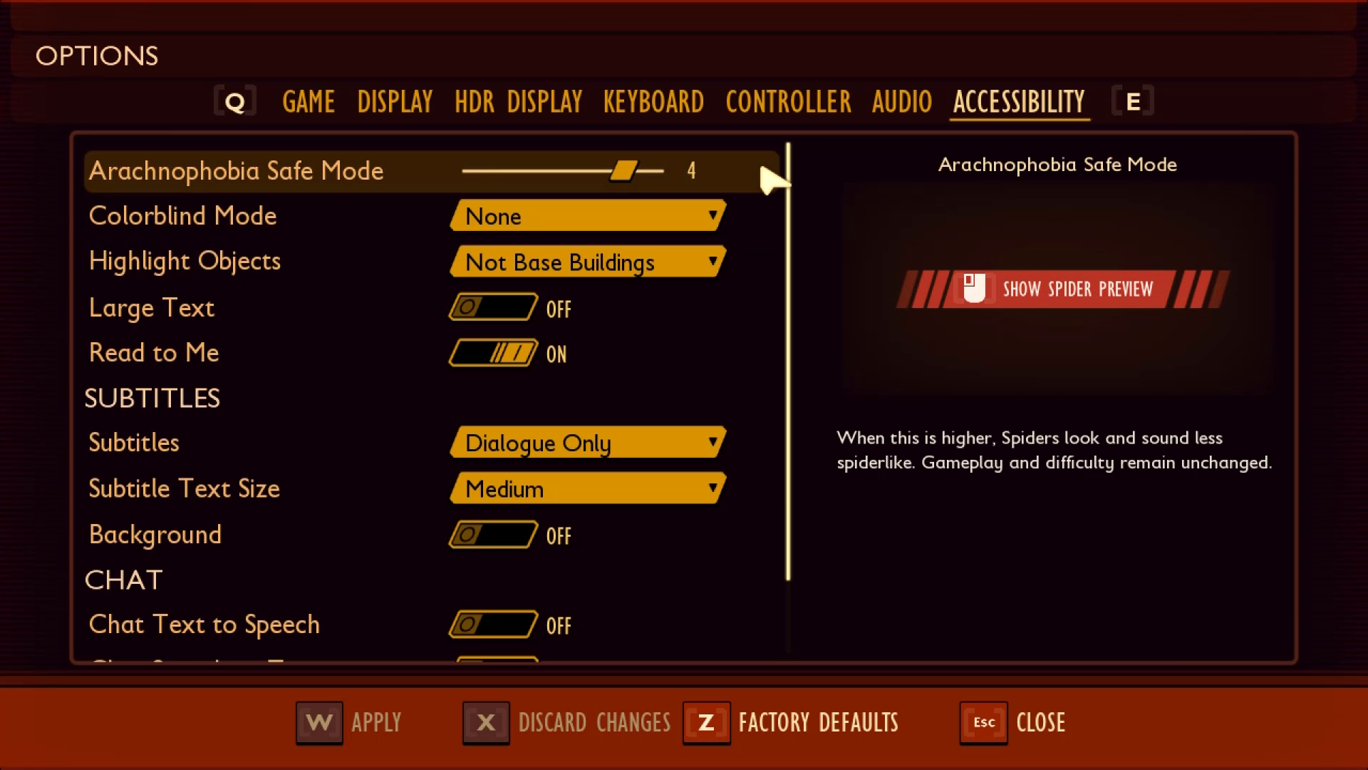 Grounded Options Menu. Accessibility sub-option screen. Text is bright yellow against a dark brown background.