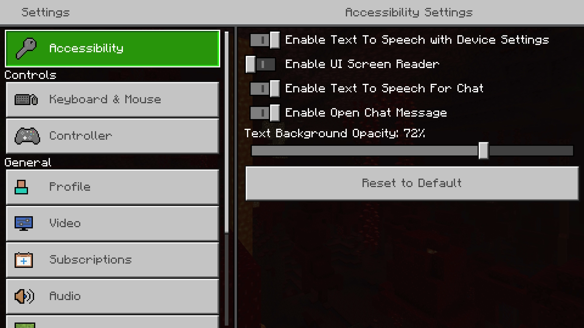 A screenshot of the Minecraft accessibility menu.