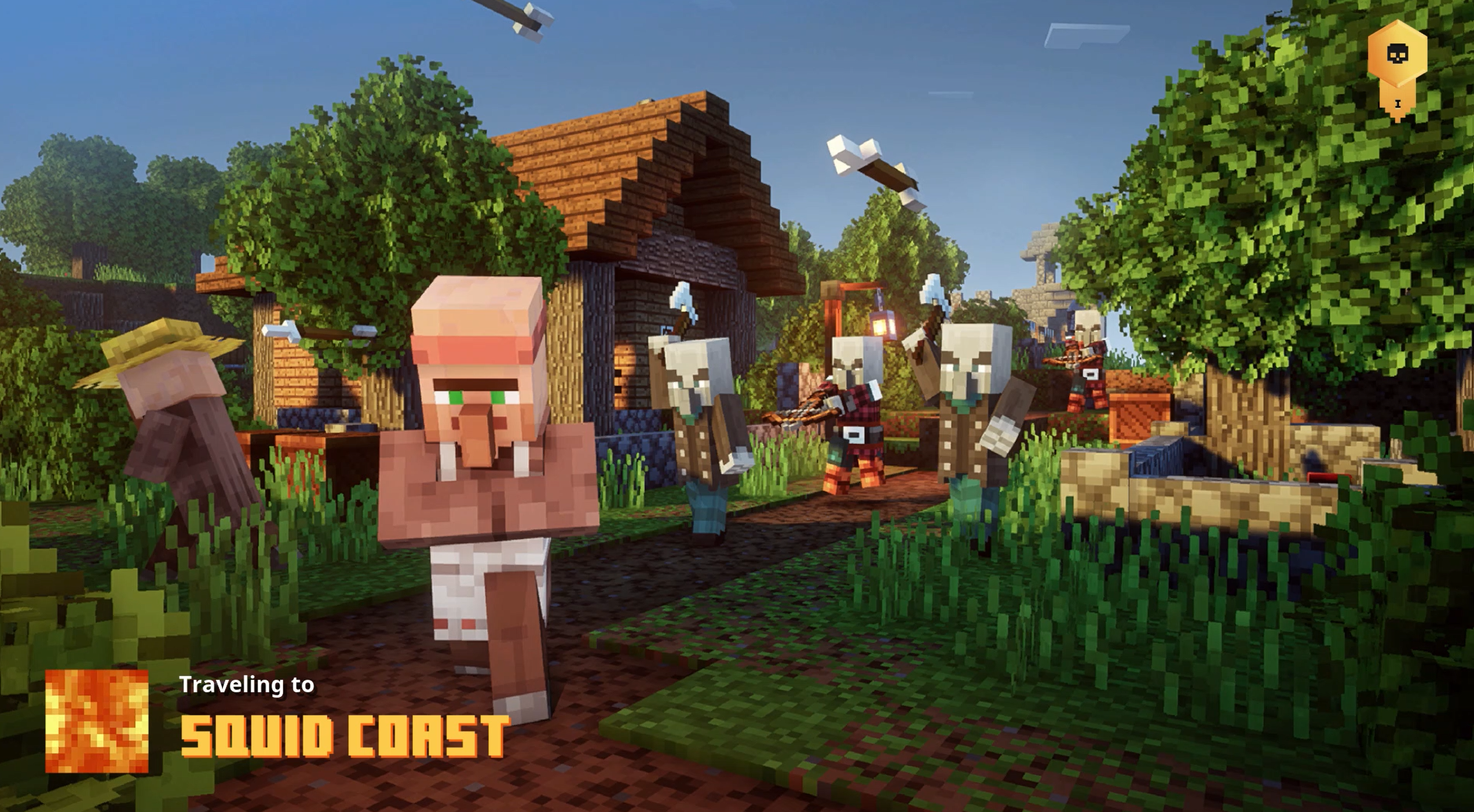 Minecraft Dungeons loading screen. The screen displays Minecraft characters being chased by zombies. It has text that reads, "Traveling to Squid Coast".