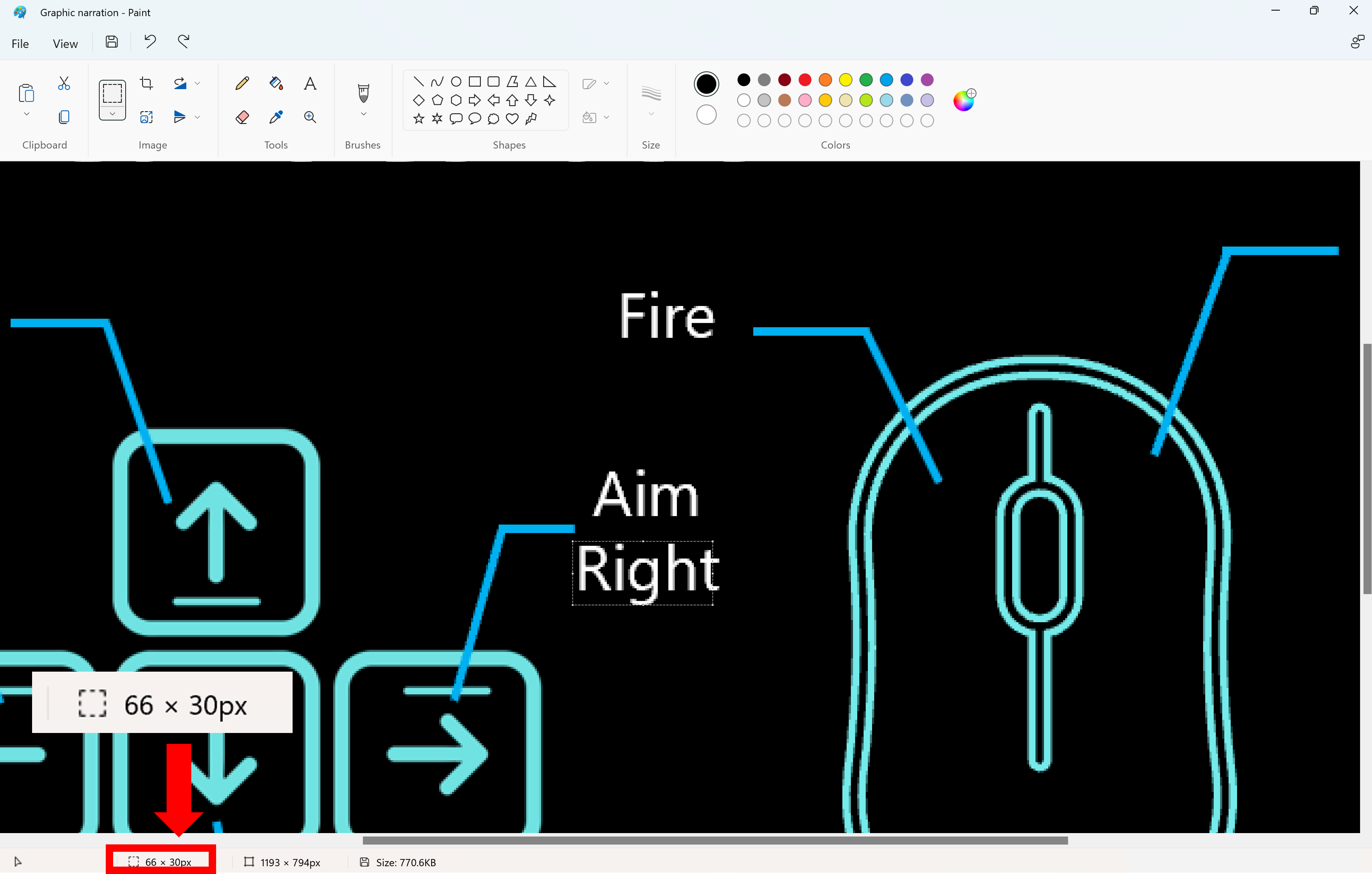 screenshot of Paint with Select tool being used to draw a rectangle around the edges of the ascenders and descenders in the word "right." An arrow points to the lower left of the Paint app at the pixel ration reading 66 x 30 px.