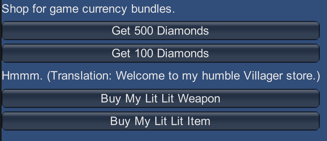 Test app - Buy 100 Diamonds button