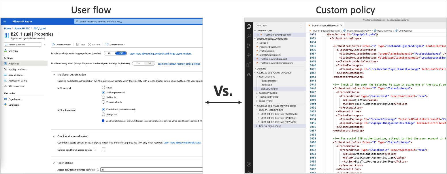 Captura de pantalla que muestra la interfaz de usuario de configuración del flujo de usuario frente a un archivo de configuración de directiva personalizado.