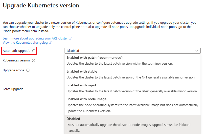 Captura de pantalla de la página Actualizar versión de Kubernetes para un clúster de AKS en Azure Portal.