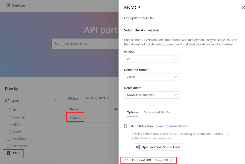 Captura de pantalla del servidor MCP en el portal del Centro de API.