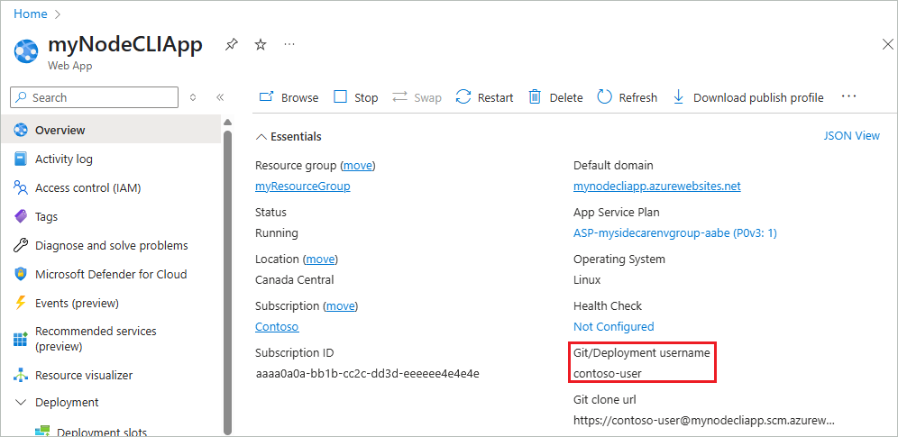 Captura de pantalla que muestra el nombre de usuario de implementación de Git en la página Información general de una aplicación.
