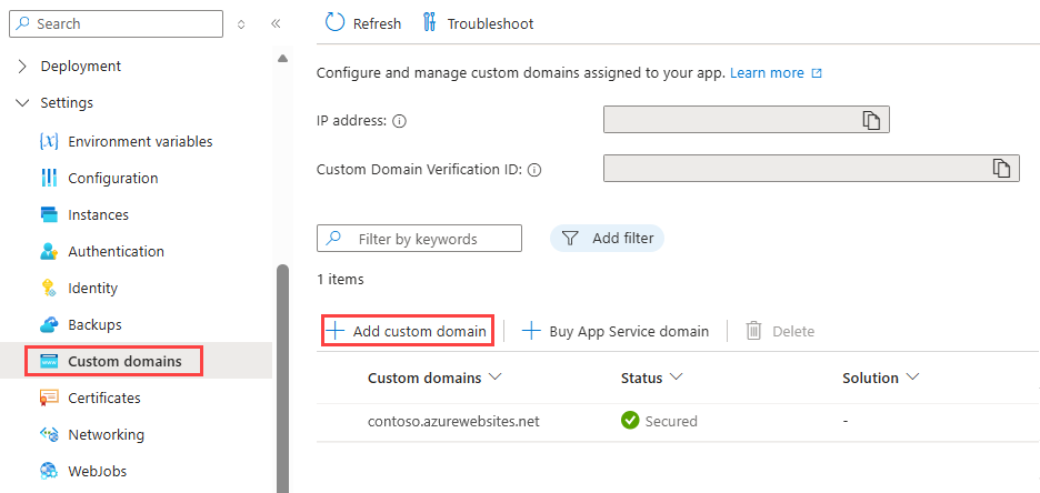Captura de pantalla que muestra cómo abrir el cuadro de diálogo Agregar dominio personalizado.