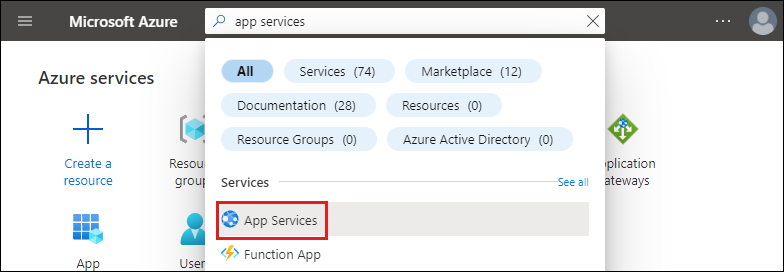 Captura de pantalla de Azure Portal con los servicios de aplicaciones escritos en el cuadro de texto de búsqueda.