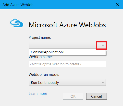 Screenshot que muestra cómo seleccionar un proyecto en el cuadro de diálogo Agregar Azure WebJob.