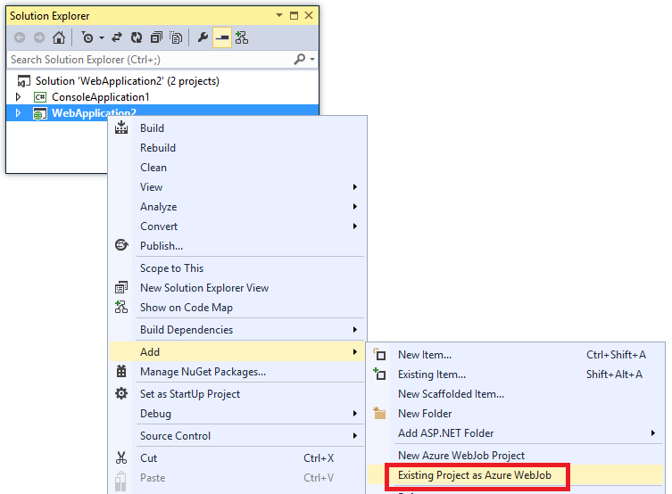 Screenshot que muestra cómo agregar un proyecto existente como Azure WebJob.