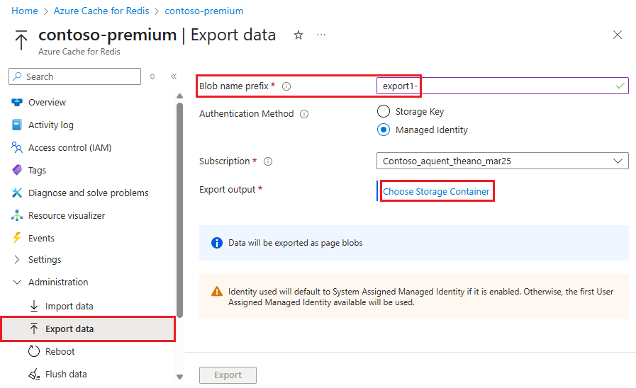 Captura de pantalla que muestra Exportar datos y Elegir contenedor de almacenamiento seleccionado.