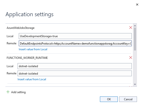 Captura de pantalla del cuadro de diálogo Configuración de la aplicación que muestra valores locales y remotos para varias opciones de configuración y controles para agregar y editar valores.