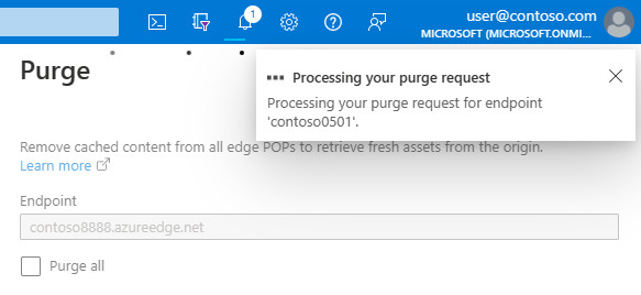 Captura de pantalla de la notificación de purga de un perfil de Azure&nbsp;Content&nbsp;Delivery&nbsp;Network.