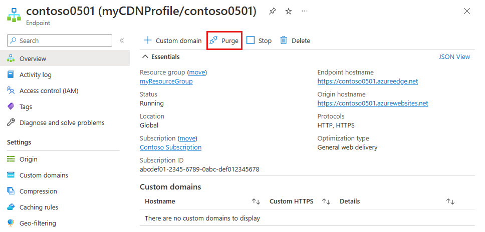 Captura de pantalla del botón de purga en un perfil de Azure&nbsp;Content&nbsp;Delivery&nbsp;Network.