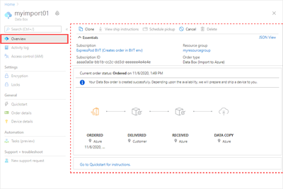 Captura de pantalla que muestra la página Información general de un pedido de Data Box.
