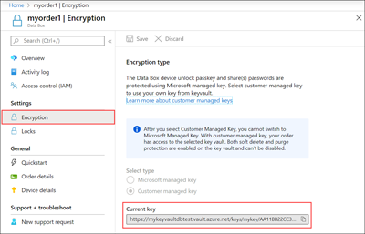 Captura de pantalla que muestra la dirección URL de la clave administrada por el cliente.