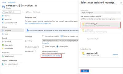 Captura de pantalla que muestra las opciones para cambiar la identidad asignada por el usuario para una clave administrada por el cliente.