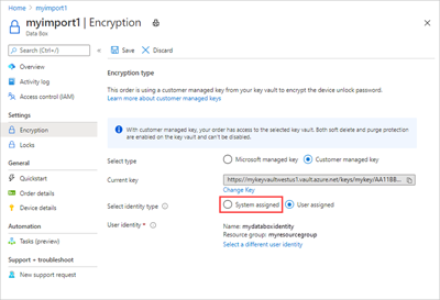Captura de pantalla que muestra las opciones para cambiar a una clave asignada por el sistema desde para una clave administrada por el cliente.