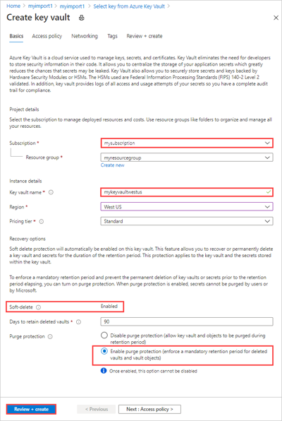 Captura de pantalla que muestra la página Revisar y crear Azure Key Vault.