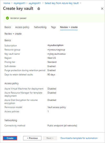 Captura de pantalla que muestra la creación de una instancia de Azure Key Vault con la configuración personalizada.