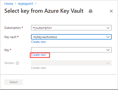 Captura de pantalla que muestra la creación de una nueva clave en Azure Key Vault.