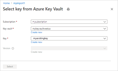 Captura de pantalla que muestra la selección de una clave de Azure Key Vault.