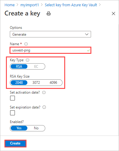Captura de pantalla que muestra la nomenclatura de una nueva clave en Azure Key Vault.