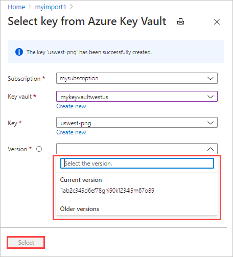 Captura de pantalla que muestra la selección de una versión de clave en Azure Key Vault.