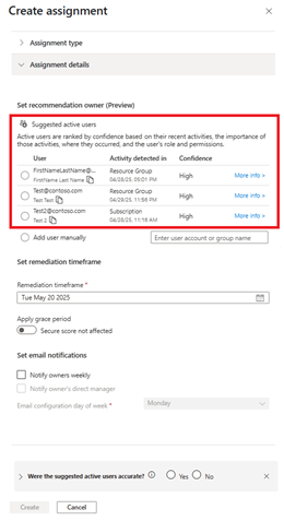 Captura de pantalla que muestra la actividad y la confianza de los tres usuarios principales sugeridos.