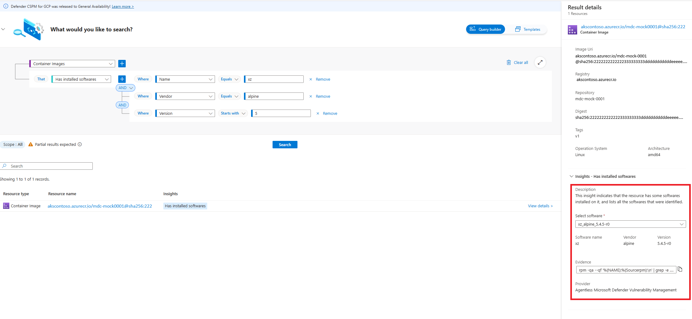 Captura de pantalla que muestra los detalles de los resultados de la consulta de Cloud Security Explorer y los resultados de información de la imagen de contenedores seleccionados.