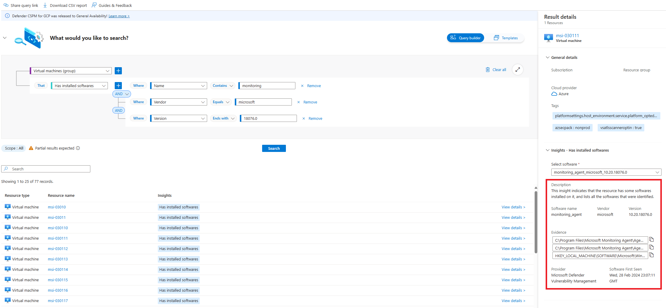 Captura de pantalla que muestra los detalles del resultado de la consulta de Cloud Security Explorer y los resultados de la información de la máquina virtual seleccionada.