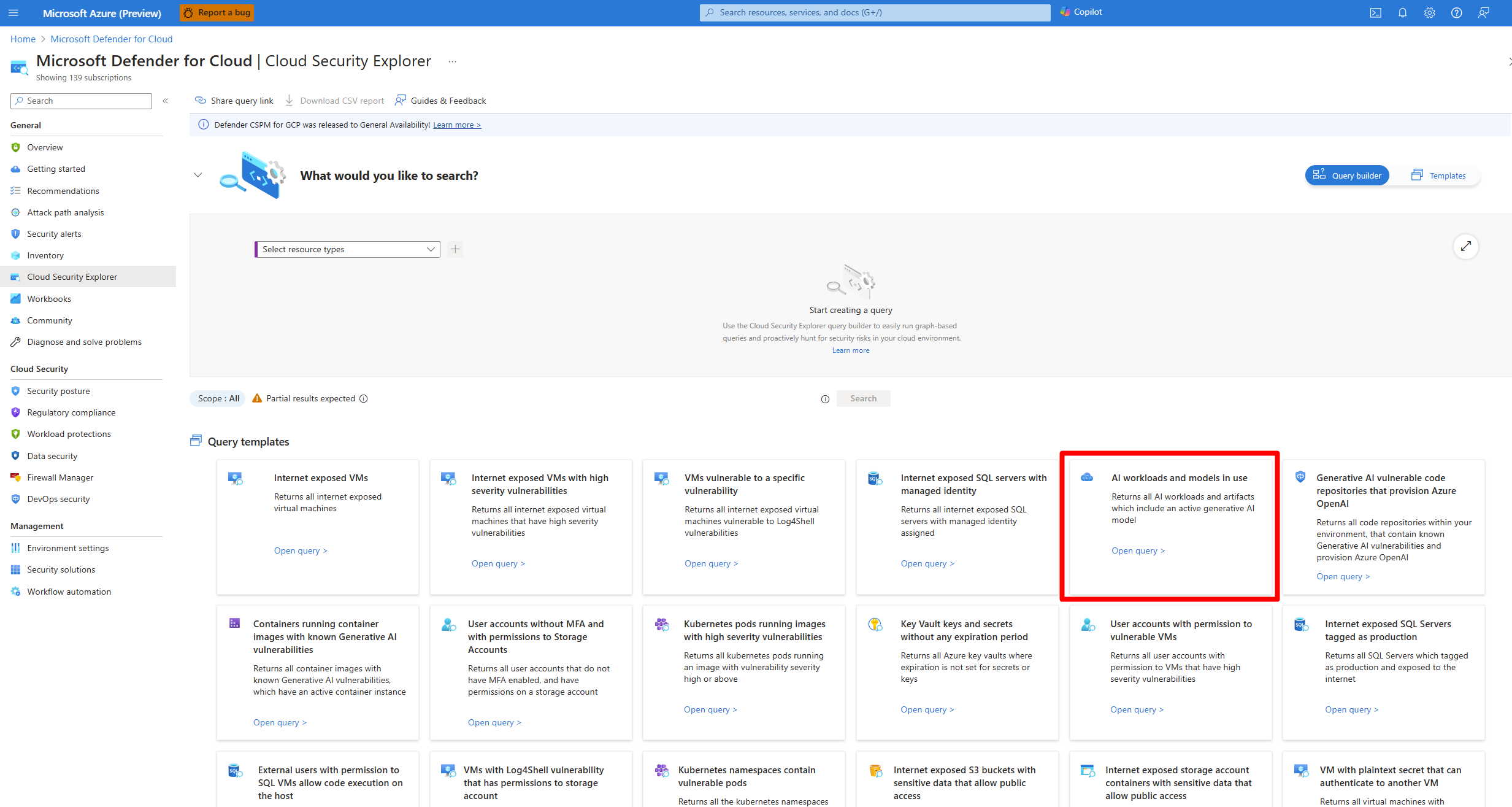 Captura de pantalla que muestra dónde buscar las cargas de trabajo y los modelos de IA en uso de la plantilla de consulta en la página Cloud Security Explorer.