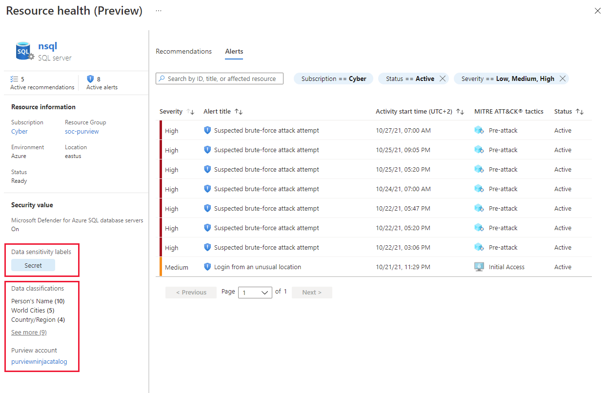 Captura de pantalla de la página de mantenimiento del recurso de Defender for Cloud que muestra las etiquetas y clasificaciones de protección de información de Microsoft Purview.