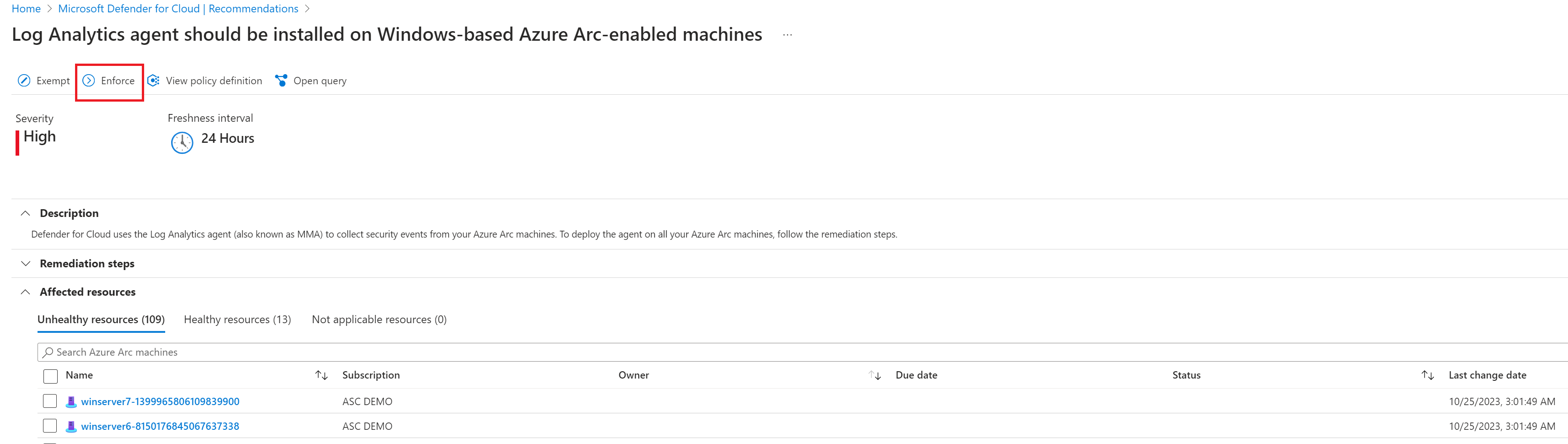 Captura de pantalla en la que se muestra cómo aplicar una recomendación determinada.