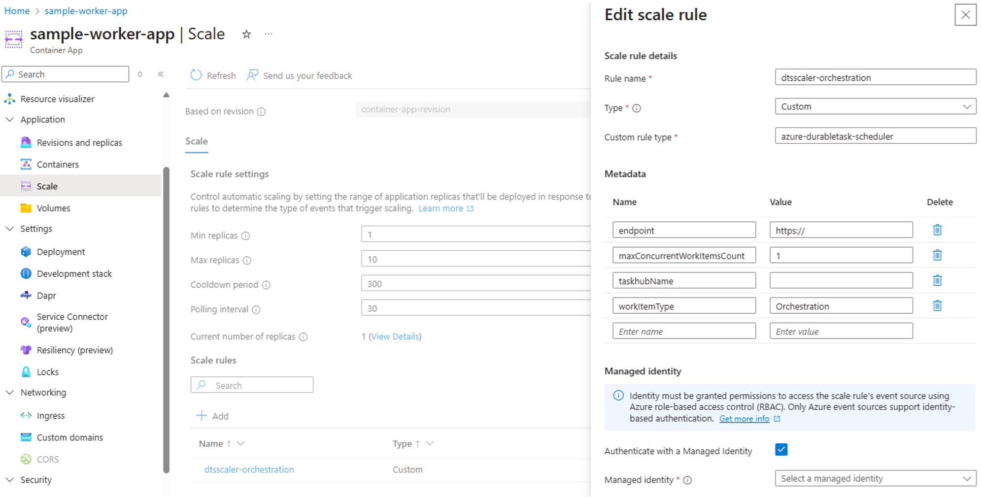 Captura de pantalla de la configuración relacionada con el Programador de Tareas Duraderas para el escalador en el portal de Azure.