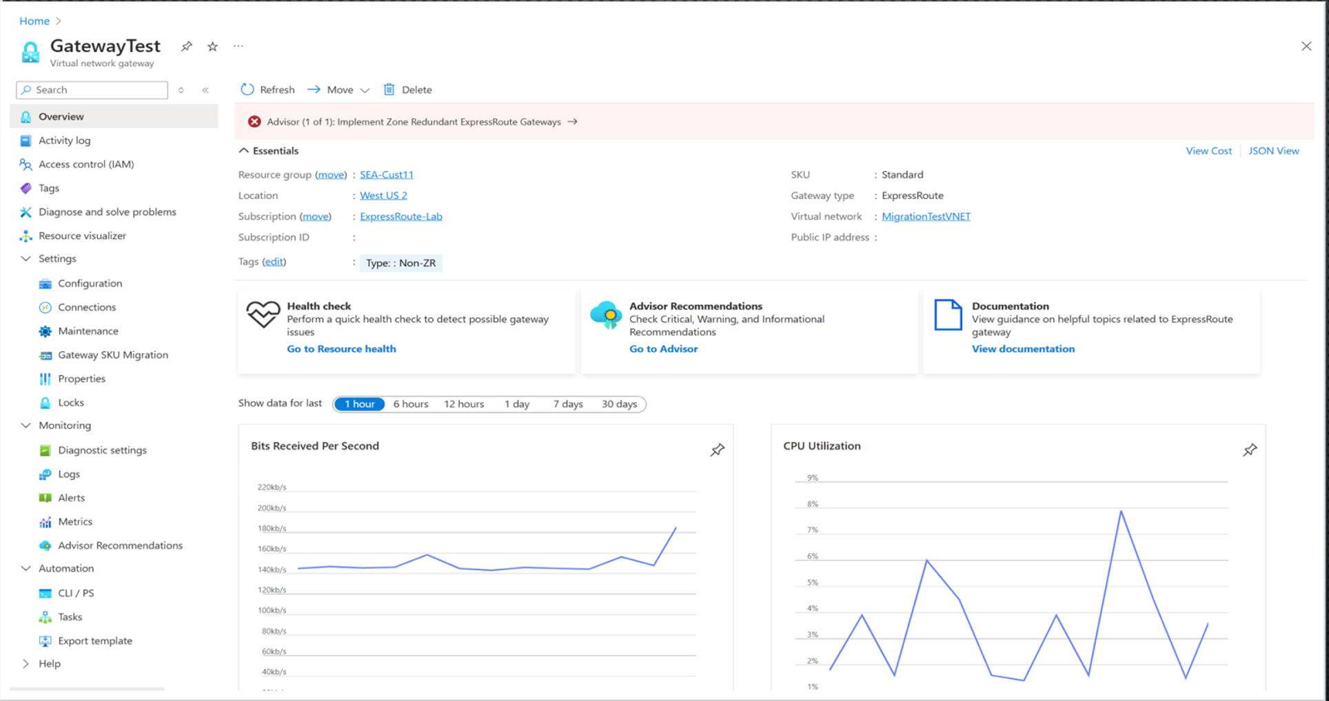 Imagen que muestra la notificación de Azure Advisor en la vista general del gateway.