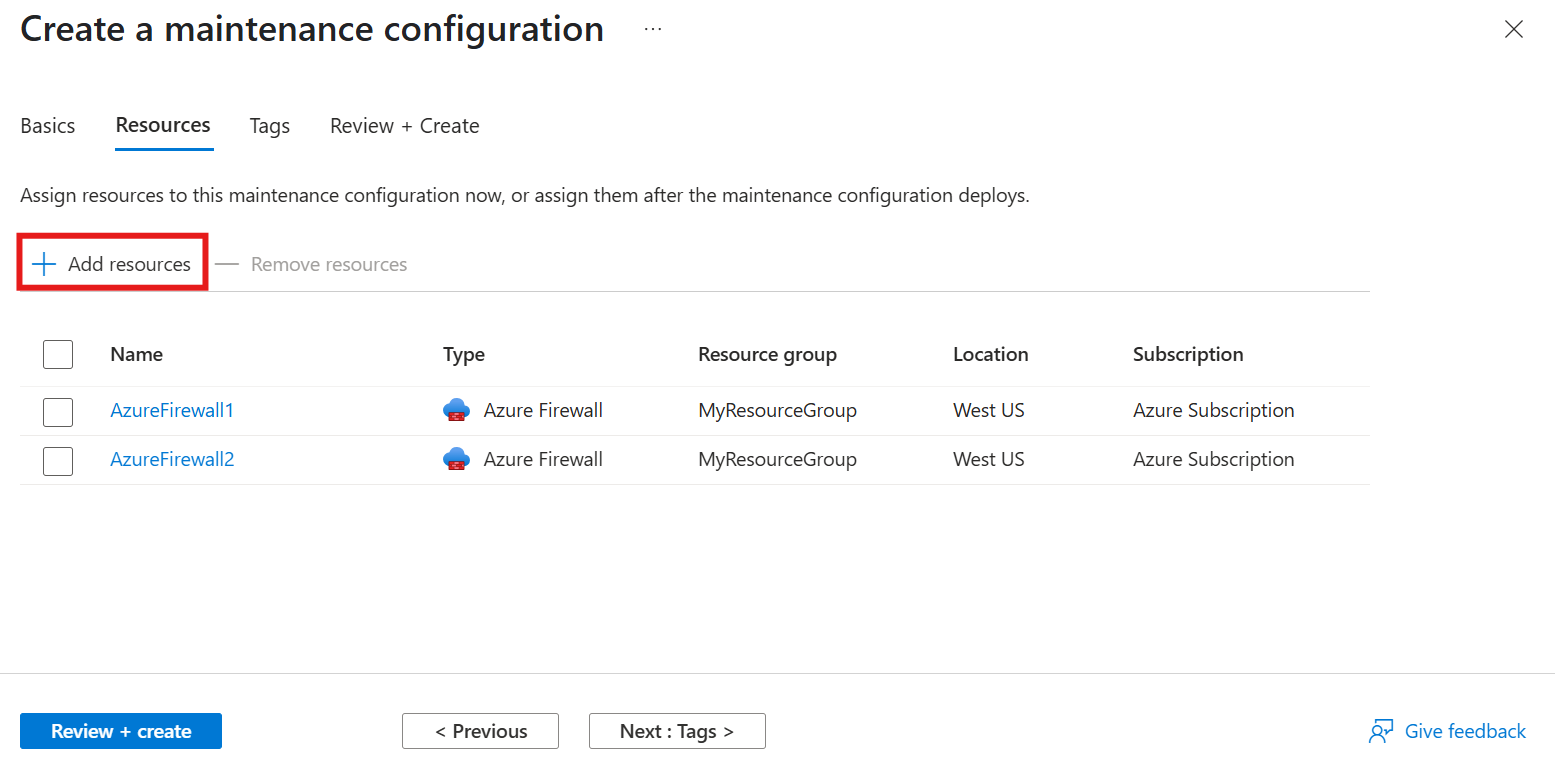 Captura de pantalla que muestra la asociación de recursos a la configuración de mantenimiento.