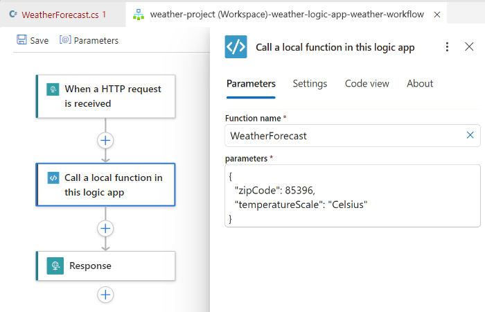 Captura de pantalla que muestra Visual&nbsp;Studio&nbsp;Code, el diseñador del flujo de trabajo y el flujo de trabajo determinado con el desencadenador y acciones.