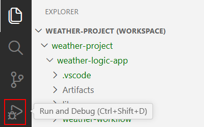 Captura de pantalla que muestra la barra de actividad de Visual&nbsp;Studio&nbsp;Code con la opción Ejecutar y depurar seleccionada.