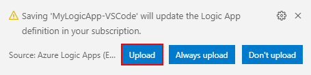 Captura de pantalla que muestra un cuadro de diálogo con el botón Cargar resaltado para cargar una aplicación lógica en Azure Portal.