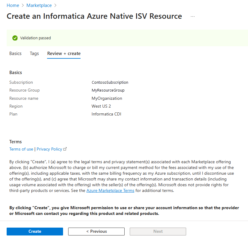 Captura de pantalla de la revisión y creación del recurso de Informatica.