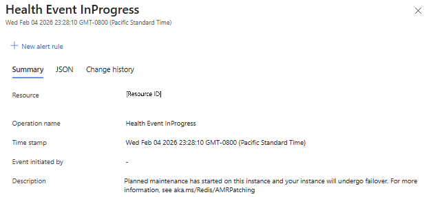 Captura de pantalla del evento de mantenimiento en el registro de actividad en el portal.