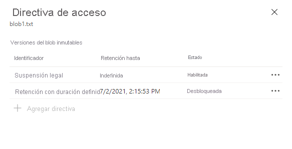Recorte de pantalla que muestra la suspensión legal configurada para la versión del blob