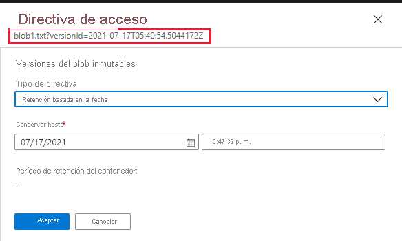 Captura de pantalla que muestra cómo configurar la directiva de retención para una versión de blob anterior en el Portal de Azure