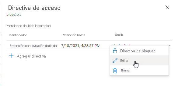Captura de pantalla que muestra cómo editar una directiva de retención basada en versiones y tiempo existente en el portal de Azure