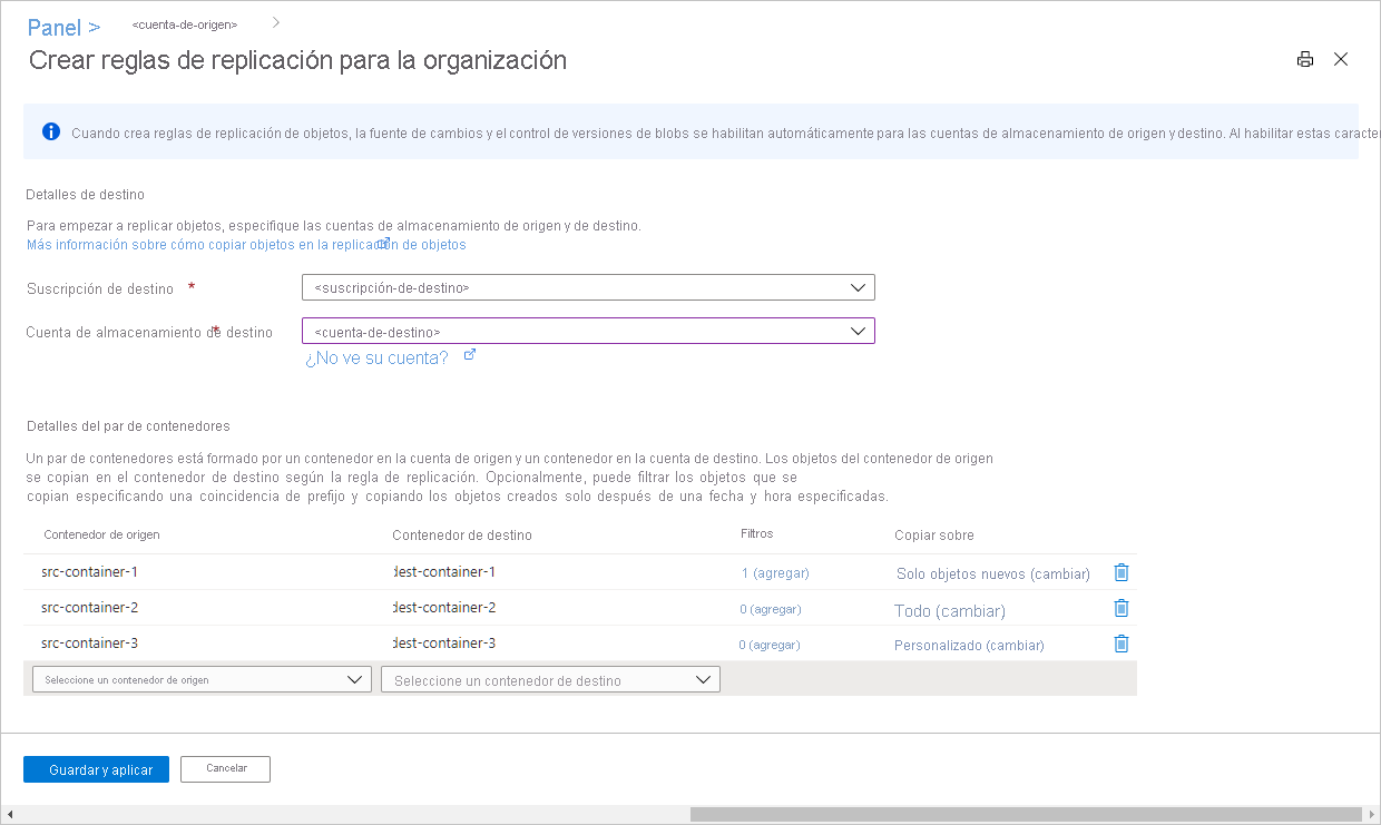 Screenshot que muestra las reglas de replicación en Azure portal
