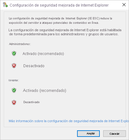 Captura de pantalla del cuadro de diálogo Configuración de seguridad mejorada de Internet Explorer con la opción Desactivado seleccionada.