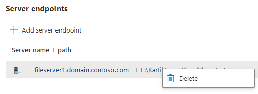 Captura de pantalla que muestra cómo quitar un punto de conexión de servidor de un grupo de sincronización.