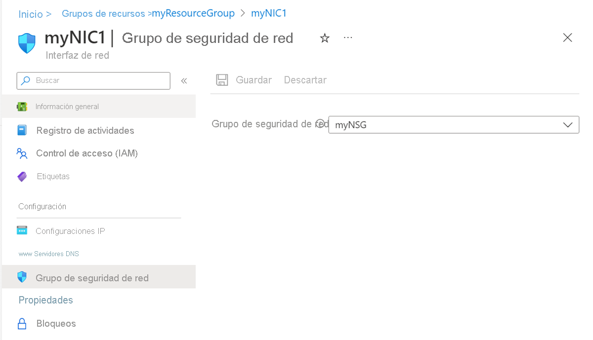 Recorte de pantalla de la configuración del grupo de seguridad de red.